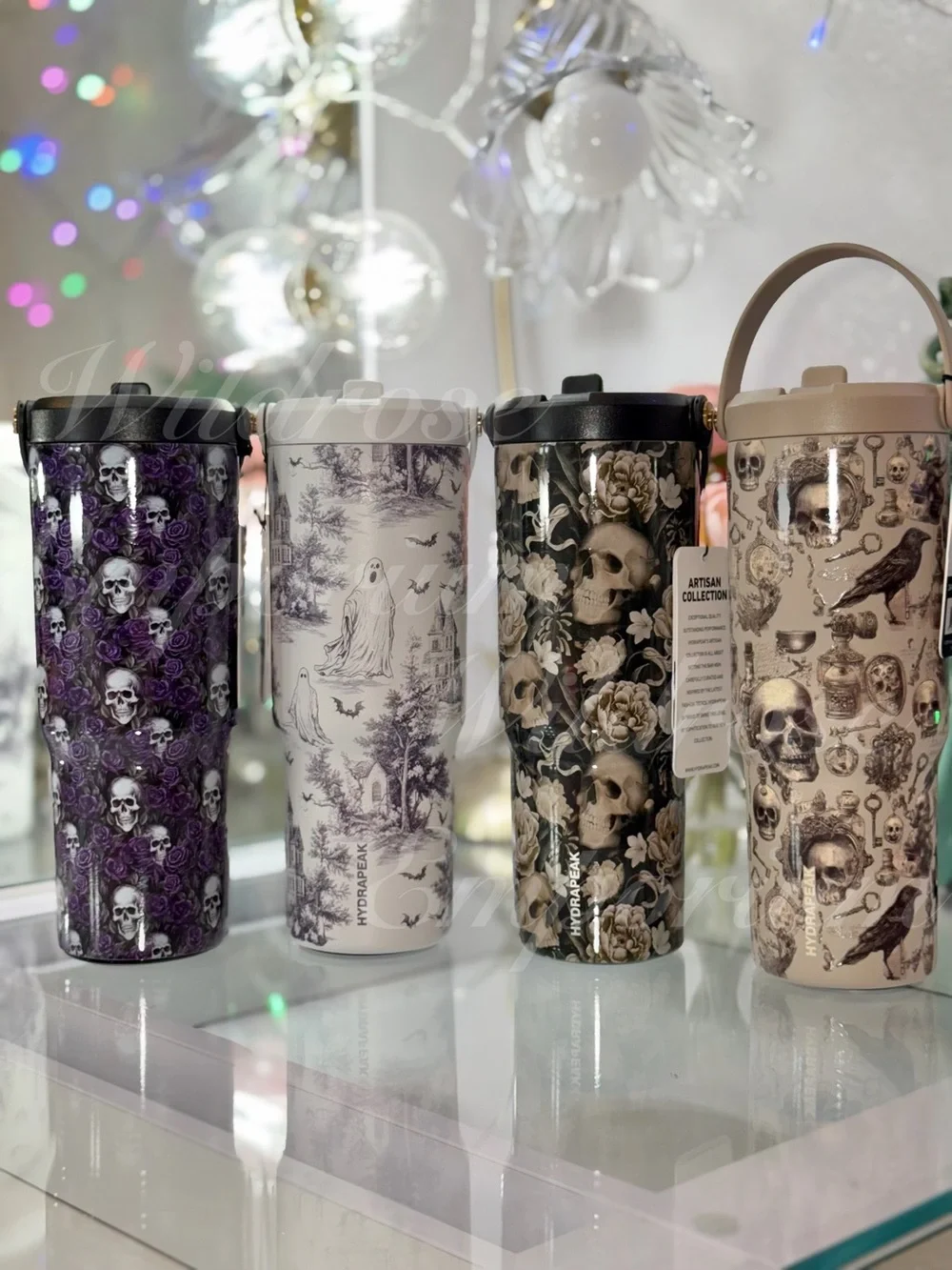 Hydrapeak Artesian Collection gothic tan beige roses skull 32oz Insulated Tumblr